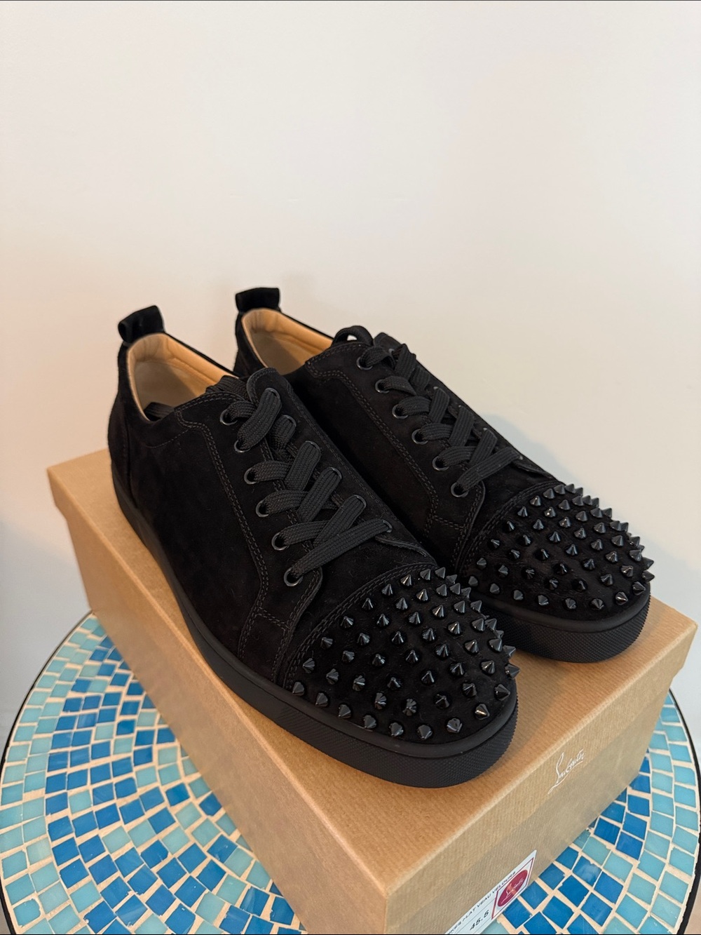 New Christian Louboutin Louis Junior Black Suede Spikes Low Top Sneakers
